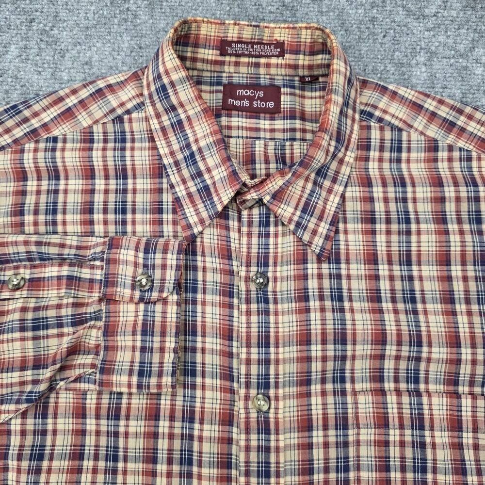 Vintage Macys Shirt Mens XL Red Blue Plaid Button Down Long Sleeve 90s Hong Kong